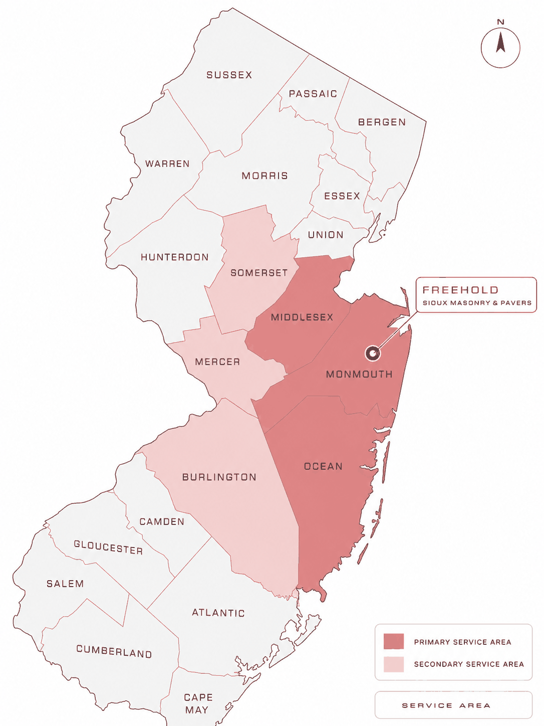 Sioux Masonry & Pavers — New Jersey service area map. Primary service area shaded in deeper red: Monmouth, Ocean, and Middlesex Counties. Secondary service area in lighter red: Somerset, Mercer, and Burlington Counties. Freehold HQ pinned in Monmouth County.
